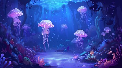 Fototapeta na wymiar Underwater fantasy scene with glowing jellyfish and coral reefs.