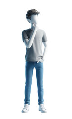 3d style cartoon boy character standing and thinks over a decision or the right choice , isolated on white.  Transparent PNG