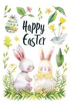 Happy Easter with cute watercolor bunny cartoon with flower, Vector illustration for greeting card