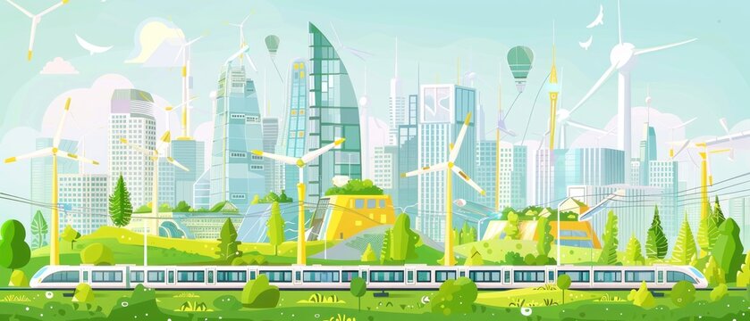 Futuristic vertical green city with wind turbines, solar panels, clean electric trains visualized optimistically