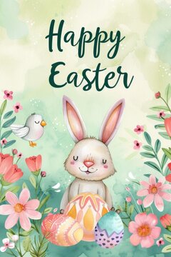 Happy Easter with cute watercolor rabbit cartoon with flower, Vector illustration for greeting card