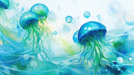 A fuzzy, chaotic background for a presentation with bright blue and green jellyfish shades. Generative AI