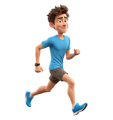 3d style cartoon sporty running man character in sport wear, isolated on white.  Transparent PNG