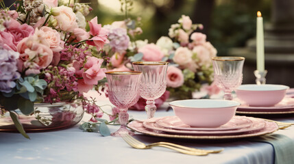 Beautiful table setting with crockery and flowers.