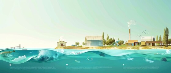 Infographic elements regarding sustainable power, biomass plant, tidal wave generator and zero emission house ,copy-space