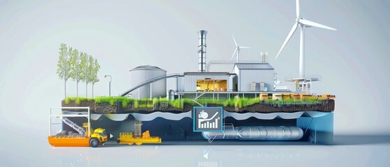 Infographic elements regarding sustainable power, biomass plant, tidal wave generator and zero emission house ,copy-space