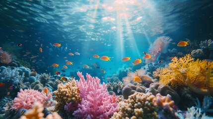 Fototapeta na wymiar Vibrant underwater coral reef with colorful fish and sunlight.