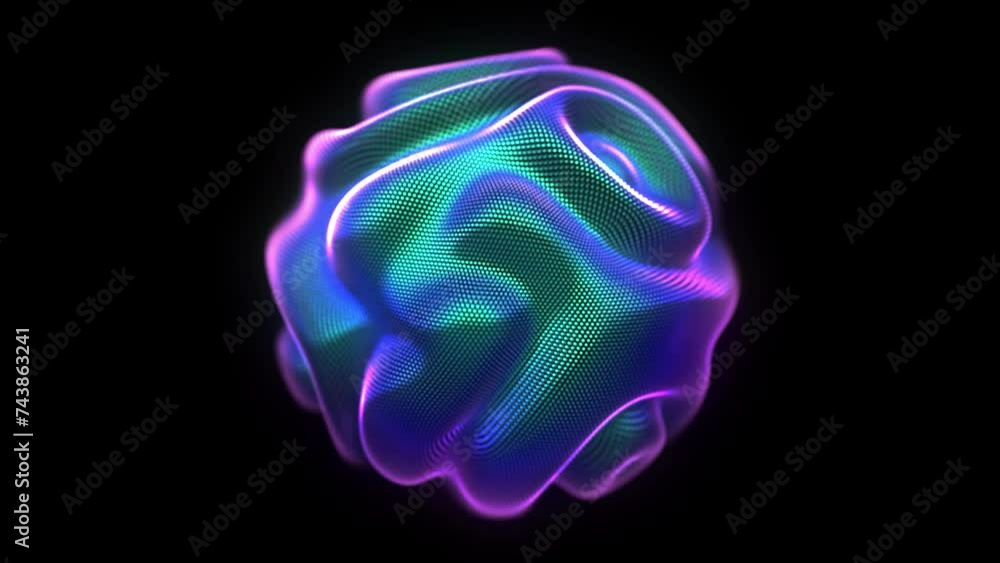 Poster glowing 3d sphere with moving waving pixelated surface on black background. abstract concept of soun