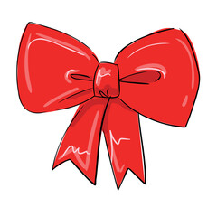 Hand drawn Red Bow Vector. Design element for Christmas, holiday, birthday card, banner, background.