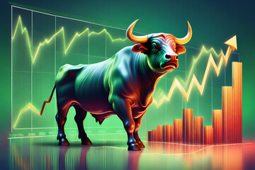 Stock market bull market trading Up trend of graph green background rising price Generative AI - obrazy, fototapety, plakaty
