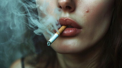 Beautiful woman smoking a cigarette, close-up view.
