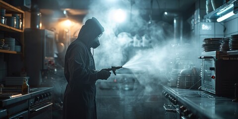 A masked figure wielding a spray gun stands in a smoky indoor scene, capturing a screenshot of a chaotic and mysterious world