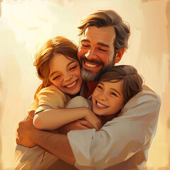  A happy smiling father hugs laughing children