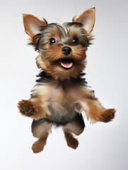 Adorable Yorkshire Terrier dog puppy jumping pose isolated on white background created with Generative AI Technology 