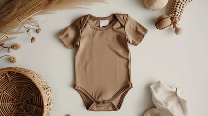 n elegant beige baby bodysuit lies amidst delicate flowers on a lustrous satin fabric, capturing the essence of eco friendly lifestyle