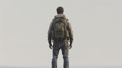 Man standing with backpack,full body, view from back