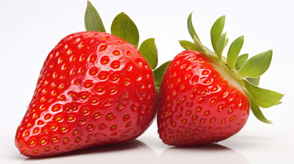 close-up detailed of ripe two strawberry fruit with its leaf  on isolated white background