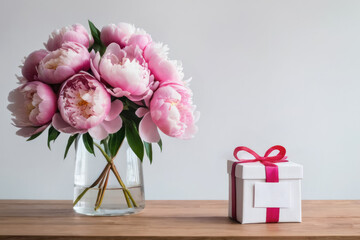 bouquet of pink peonies in glass vase and gift box on table