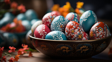 Fototapeta premium Multicolored Easter Eggs on a wooden plate.