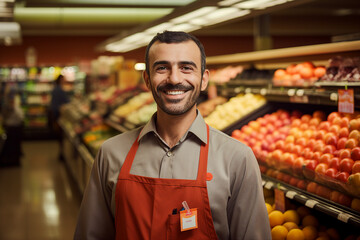 Generative AI picture clean grocery supermarket store department with friendly staff service - obrazy, fototapety, plakaty