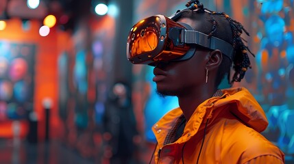 An artist in a modern gallery, showcasing a collection of digital art pieces created using virtual reality technology - obrazy, fototapety, plakaty
