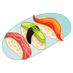 Uramaki Sushi Roll isolated on white background. Realistic style sushi with rice, salmon fish, avocado and crab meat. Japanese cuisine poster. Vector illustration