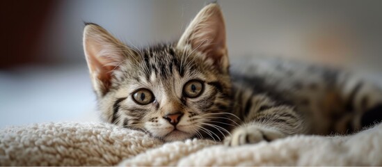 A cute tabby kitten rests and gazes at the camera while laying on a cozy blanket.