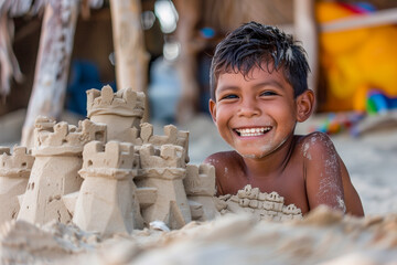 A happy and smiling child boy make a sand castle on the beach - 743865609