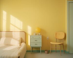 Yellow bedroom minimal style Interior design. Bright minimalist interior loft style room with indoor plants. Scandinavian style.