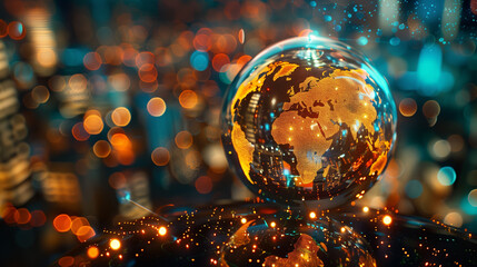 A glass globe showcasing a golden world map prominently stands out against a backdrop of soft bokeh lights, symbolizing global connectivity and the bustling activity of urban life. - obrazy, fototapety, plakaty