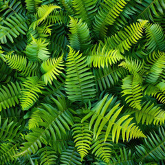 A vivid variety of ferns and foliage plants, closely arranged in a vibrant arrangement of greens and textures, symbolize a living botanical ecosystem.
