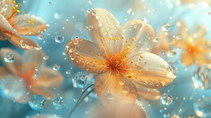 Fototapeta premium In this close-up shot, a flower is shown with water droplets on its delicate petals. The droplets glisten in the light, adding a fresh and vibrant touch to the flowers beauty