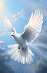 Beautiful white dove fly and flaps its wings in the blue sky with God-blessed light 