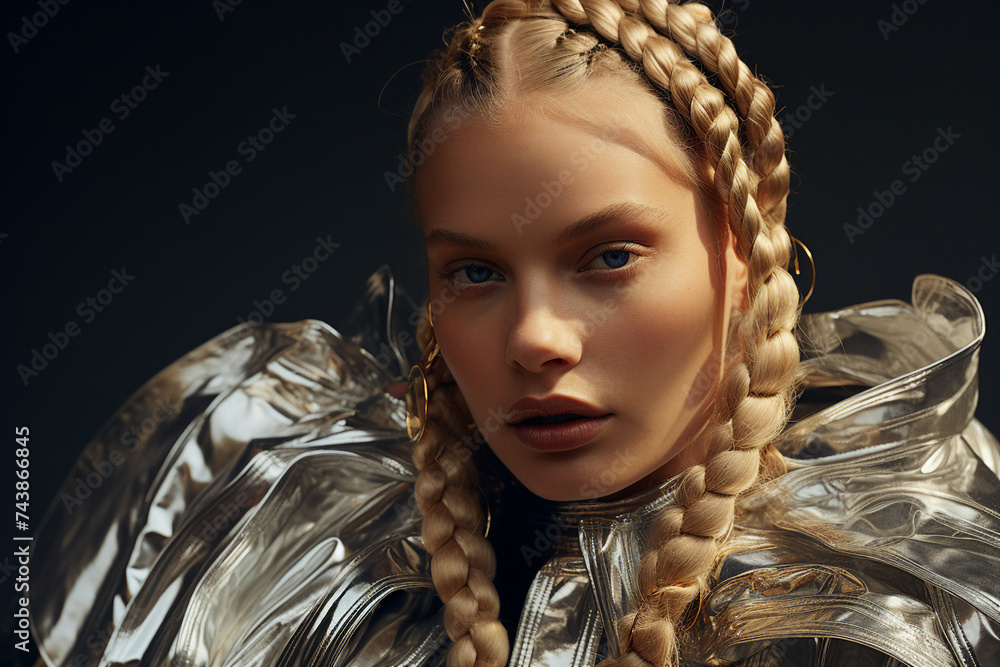 Sticker Beautiful attractive woman modern hairstyle braids cornrows standing against grey background created with generative AI