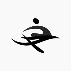 Vector icon of a rower sitting in a boat. Illustration of a rower holding an oar above his head. Rowing flat icon, pictogram. Sports events and competitions. © vernStudio