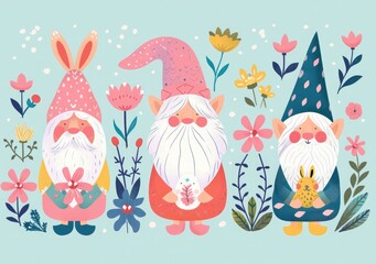 Spring Gnomes with flower and spring decoration, easter