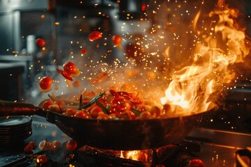 A wok sits on a stovetop, filled with a variety of delicious food such as stir-fried vegetables, meats, and noodles. The stove flames underneath the wok, heating the contents evenly