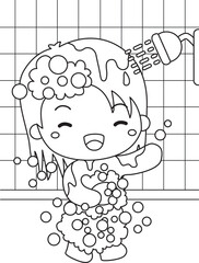 Cute Kids Doing Healthy Lifestyle Bathing Activity Cartoon Coloring For Kids and Adult