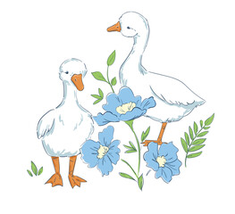Hand drawn cute goose and flowers background vector illustration floral frame
