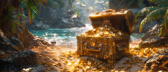 Golden Treasure Chest Glinting in the Sunlight on a Tropical Island Shore