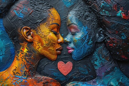 African couple wiht heart, abstract painting style illustration, wall art poster with african motives
