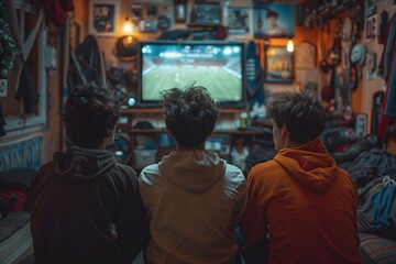 back view of, Young male friends watching football match on TV