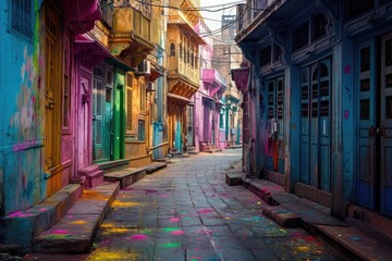 Fototapeta na wymiar An empty street is bathed in the soft light of morning, its surface adorned with vibrant colors from the Holi festival, exuding a serene post-celebration atmosphere