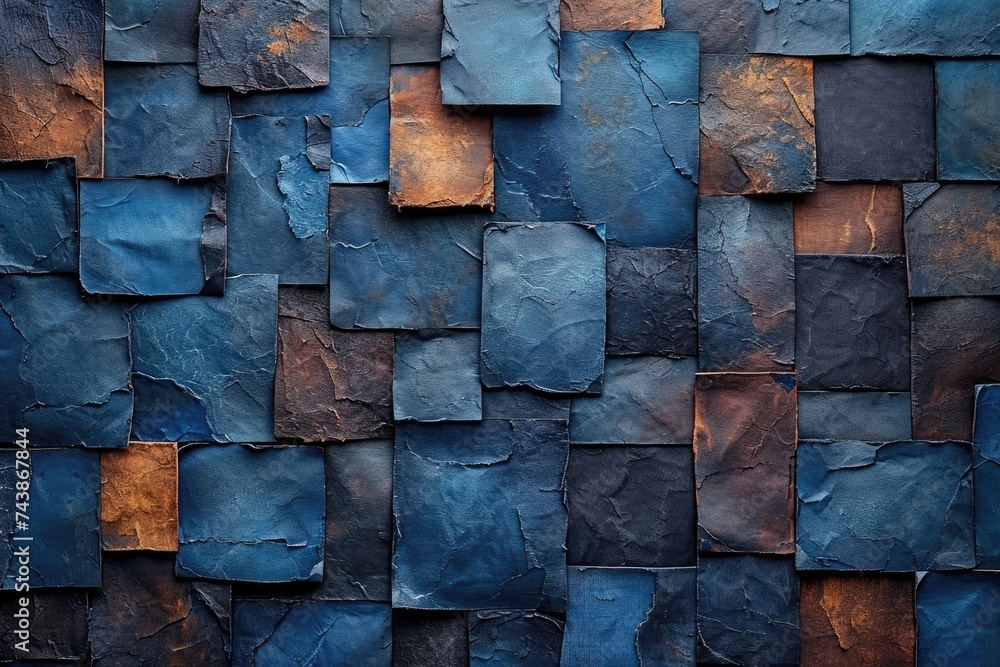 Aufkleber A close-up of a captivating blue and brown wall with intricate patterns and textures creating a harmonious blend of colors