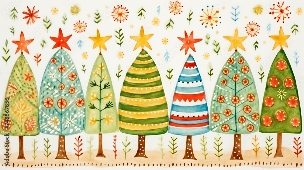 Poster a vibrant painting depicting a serene row of christmas trees standing tall against a snowy backdrop,