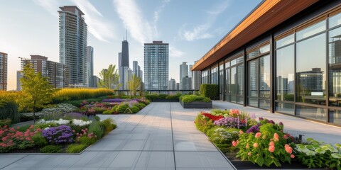Fototapeta premium Generative AI, Rooftop garden in a building, aerial view, on a skyscraper in a big city, sustainable concept