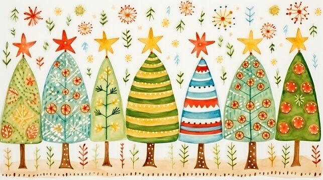 A vibrant painting depicting a serene row of Christmas trees standing tall against a snowy backdrop, each adorned with twinkling lights and colorful ornaments