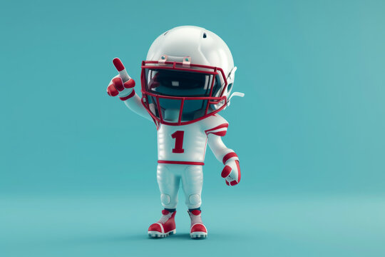An american football 3d character player pointing to the camera. 3D illustration style