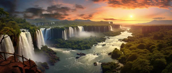 Fotobehang Wide landscape Beautiful view of Iguazu Falls waterfall in Argentina and Brazil with green high cliffs created with Generative AI Technology © AstraNova