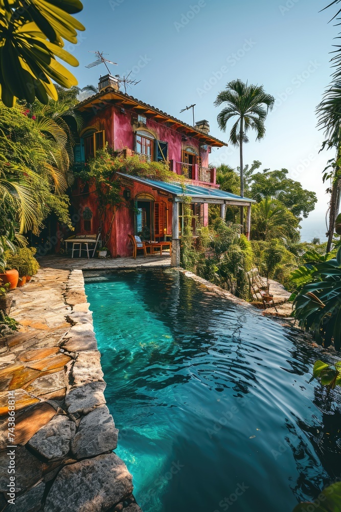 Poster A beautiful house with a sparkling pool in the foreground, creating a tranquil and relaxing atmosphere. The pool reflects the blue sky above, enhancing the overall serenity of the scene